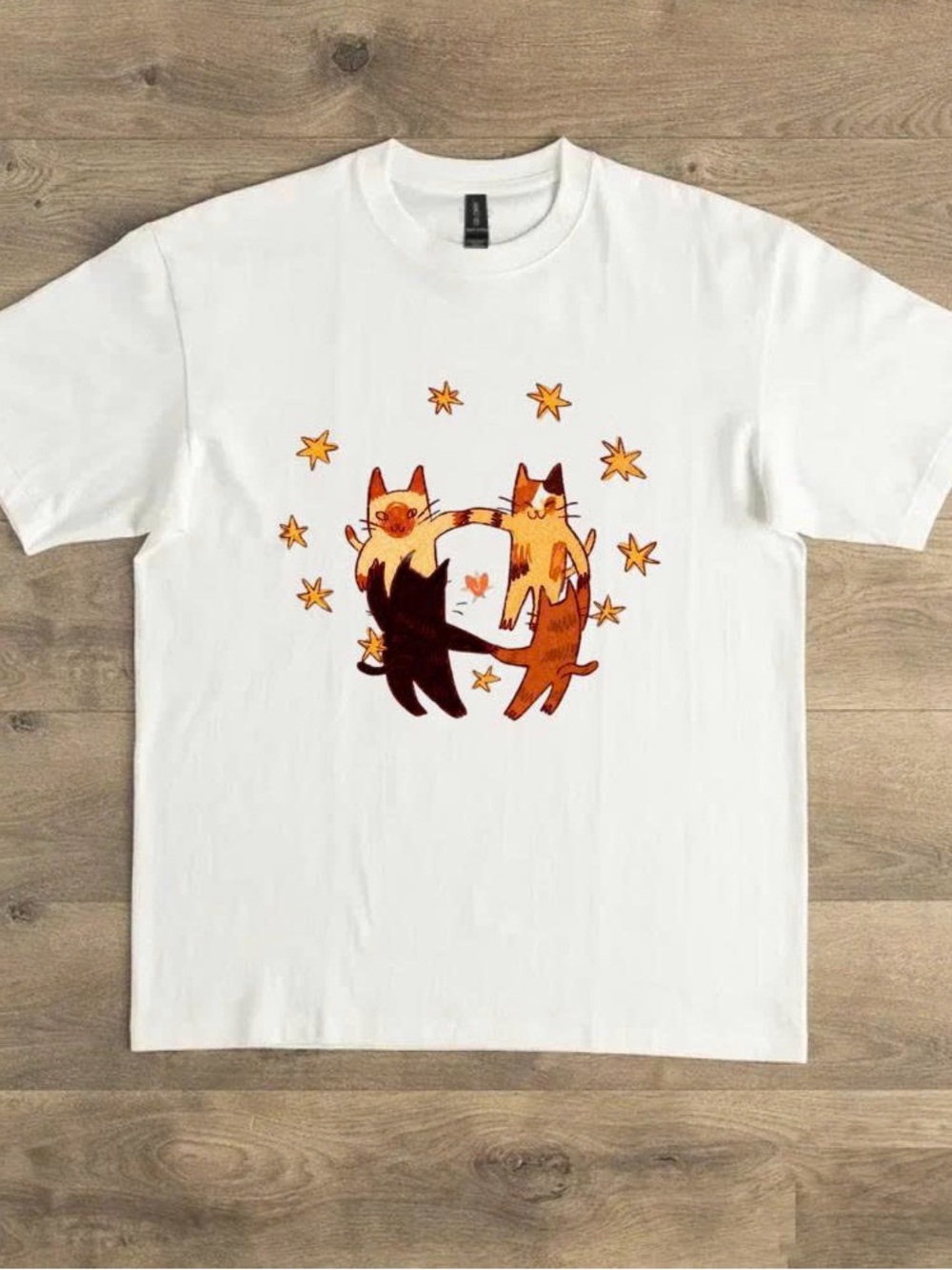 Gildan White Tee with Orange, Brown & Black Cat Circle Graphic